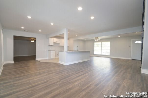 Empty room, Interior, Kitchen, Recessed Lighting, Wood Texture Flooring