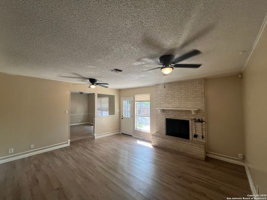 Empty room, Fireplace, Interior, Stone Walls, Wood Texture Flooring