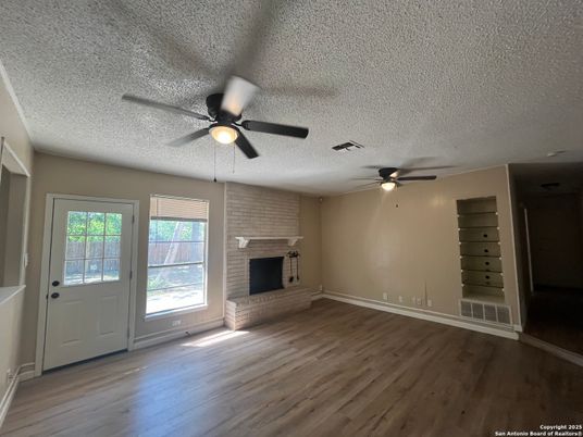 Empty room, Fireplace, Interior, Stone Walls, Wood Texture Flooring