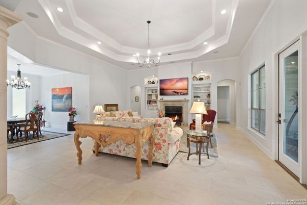 Chandelier, Dining room, Fireplace, Interior, Living room, Pendant Lights, Recessed Lighting