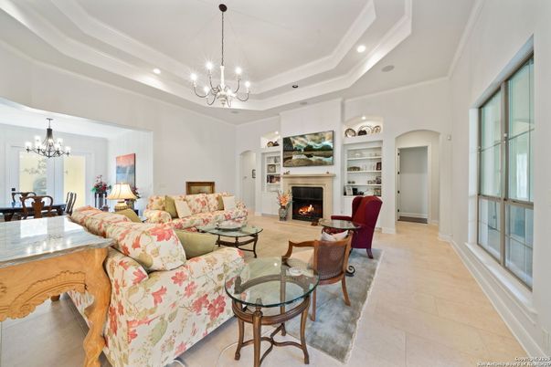 Chandelier, Dining room, Fireplace, Interior, Living room, Pendant Lights, Recessed Lighting