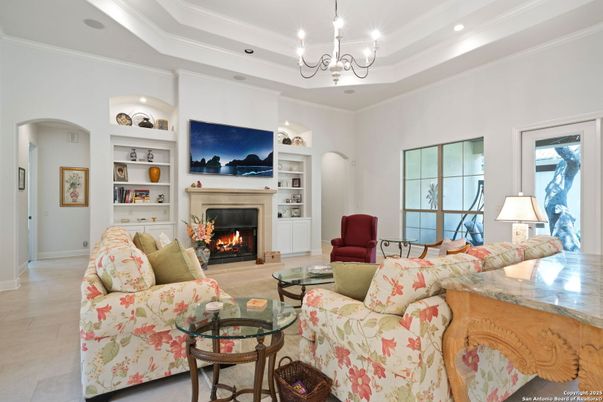 Chandelier, Fireplace, Interior, Living room, Recessed Lighting