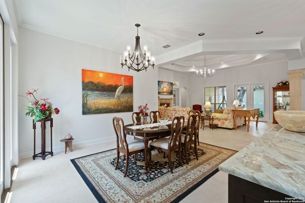 Chandelier, Dining room, Fireplace, Interior, Living room, Recessed Lighting