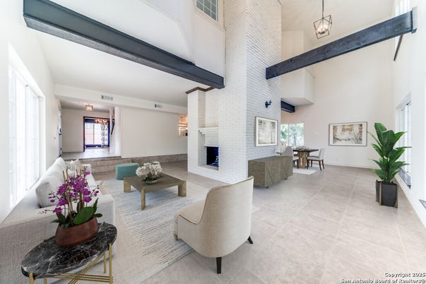 Dining room, Fireplace, Interior, Living room, Pendant Lights, Stone Walls, Wooden Beams