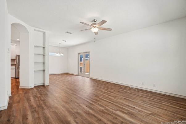 Chandelier, Empty room, Interior, Pendant Lights, Recessed Lighting, Wood Texture Flooring