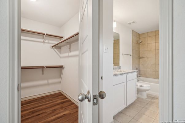 Bathroom, Interior, Recessed Lighting, Walk-in Closets, Wood Texture Flooring