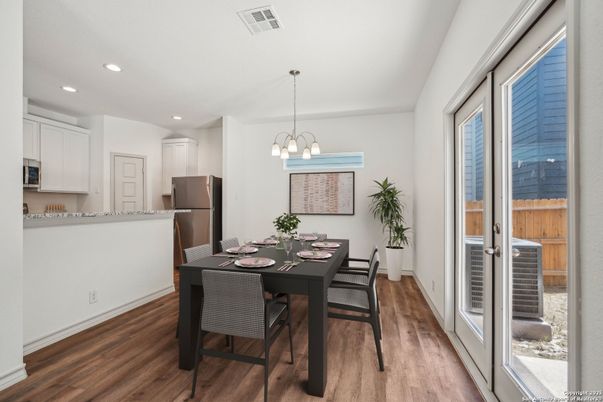 Chandelier, Dining room, Interior, Kitchen, Pendant Lights, Recessed Lighting, Wood Texture Flooring