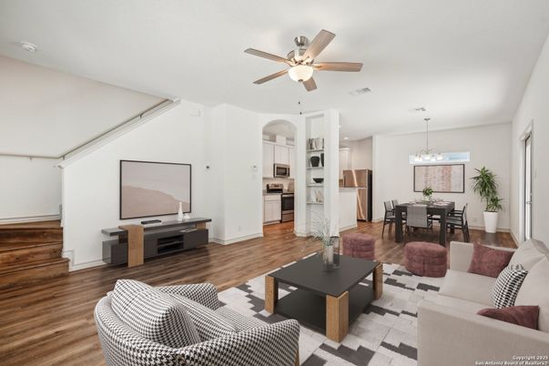 Chandelier, Dining room, Interior, Kitchen, Living room, Pendant Lights, Stainless Steel Appliances, Wood Texture Flooring