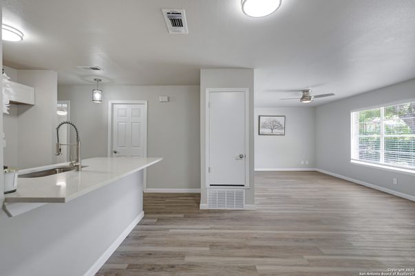 Empty room, Interior, Kitchen, Pendant Lights, Wood Texture Flooring