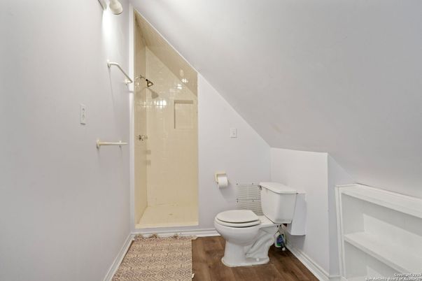 Bathroom, Glass Shower, Interior, Wood Texture Flooring
