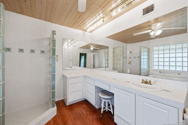 Bathroom, Dual Sink Vanities, Glass Shower, Interior, Tile Countertops, Wooden Ceilings, Wood Texture Flooring