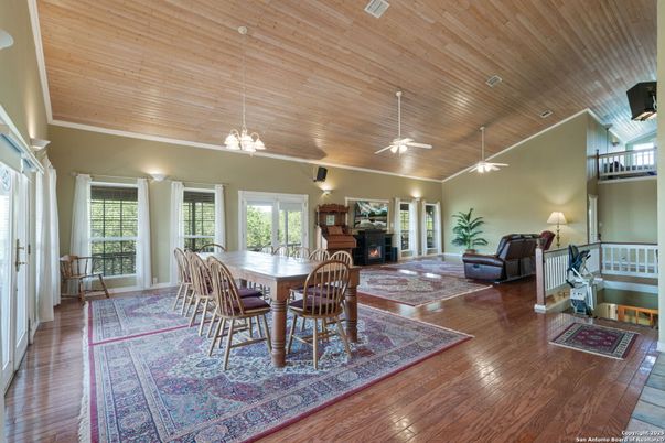 Dining room, Interior, Living room, Pendant Lights, Wooden Ceilings, Wood Texture Flooring