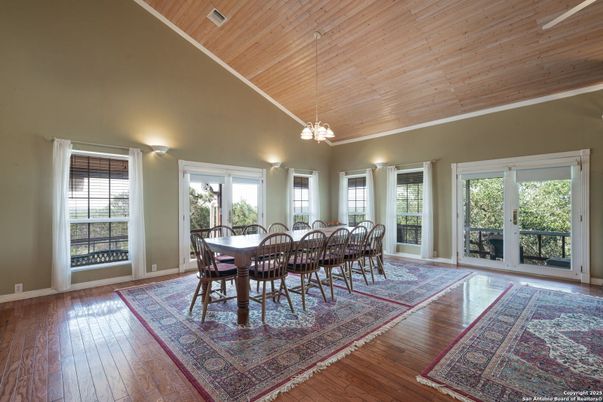 Dining room, Interior, Pendant Lights, Wooden Ceilings, Wood Texture Flooring