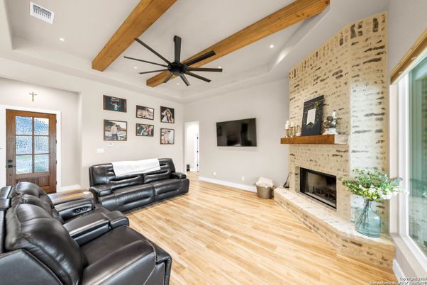 Home Theatre Room, Fireplace, Interior, Living room, Recessed Lighting, Wooden Beams, Wood Texture Flooring