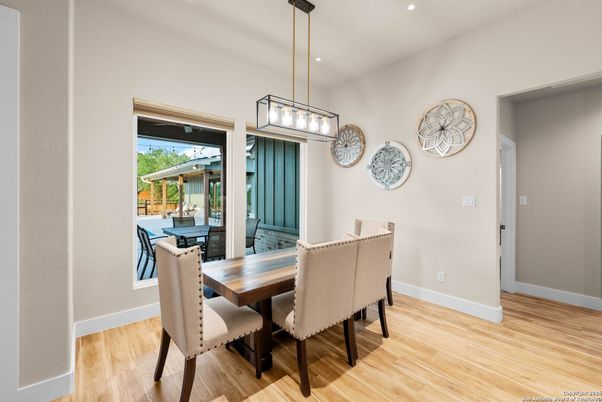 Dining room, Interior, Pendant Lights, Recessed Lighting, Wood Texture Flooring