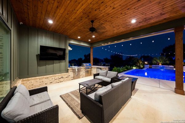Exterior, Pool, Recessed Lighting, Wooden Ceilings