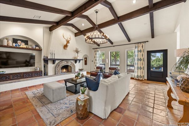 Chandelier, Fireplace, Interior, Living room, Recessed Lighting, Wooden Beams