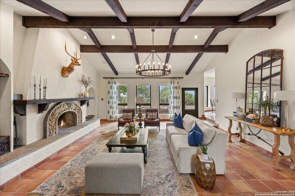 Chandelier, Fireplace, Interior, Living room, Recessed Lighting, Wooden Beams