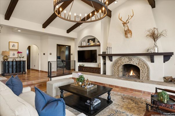 Chandelier, Fireplace, Interior, Living room, Recessed Lighting, Wooden Beams