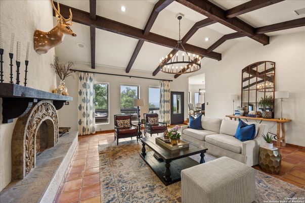 Chandelier, Fireplace, Interior, Living room, Recessed Lighting, Wooden Beams
