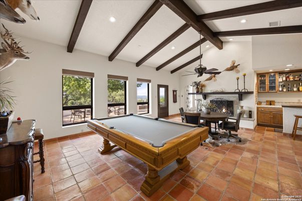 Billiard Table, Dining room, Fireplace, Game Room, Interior, Recessed Lighting, Wooden Beams