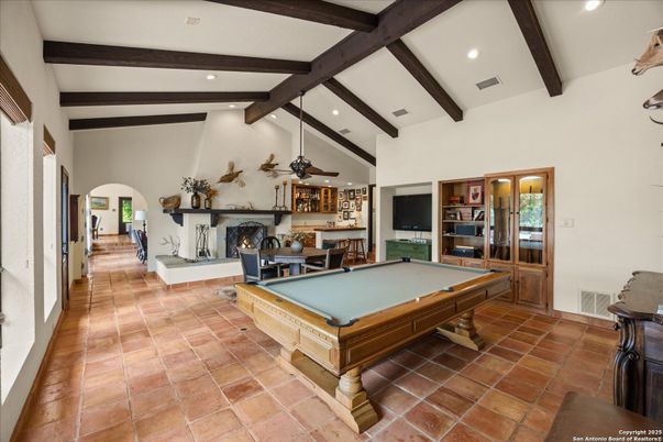 Billiard Table, Fireplace, Game Room, Interior, Recessed Lighting, Wooden Beams