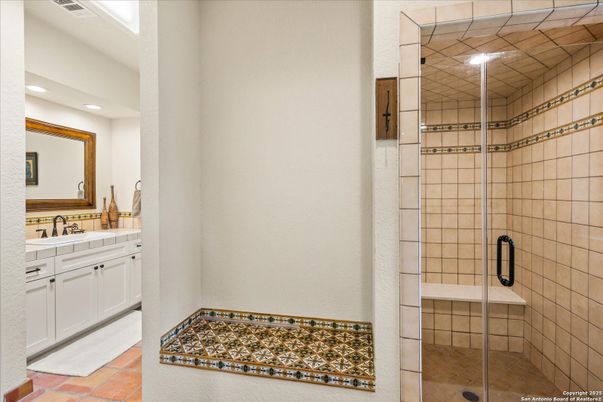 Bathroom, Glass Shower, Interior, Recessed Lighting, Tile Countertops