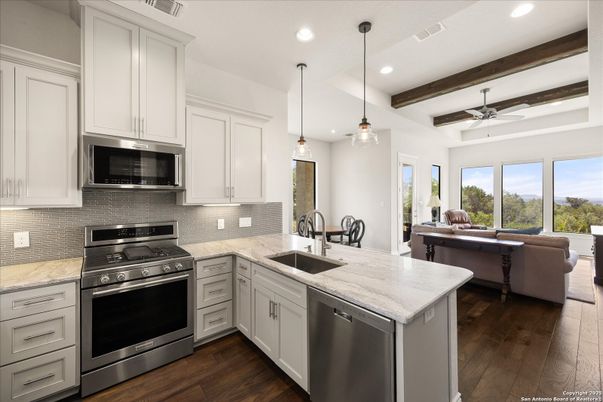 Interior, Kitchen, Pendant Lights, Recessed Lighting, Stainless Steel Appliances, Wooden Beams, Wood Texture Flooring