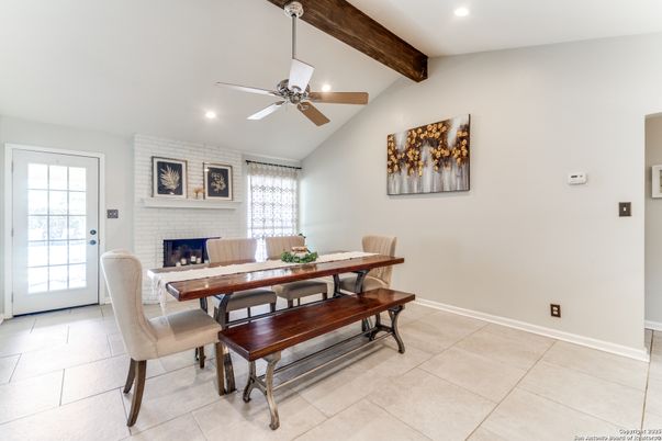 Dining room, Fireplace, Interior, Recessed Lighting, Wooden Beams