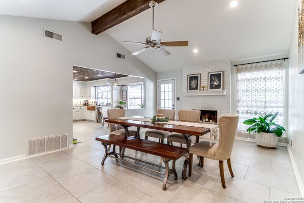 Dining room, Fireplace, Interior, Kitchen, Pendant Lights, Recessed Lighting, Wooden Beams