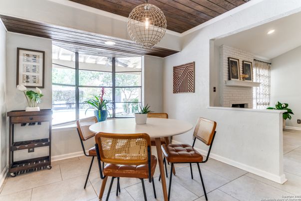 Dining room, Fireplace, Interior, Pendant Lights, Recessed Lighting, Wooden Ceilings