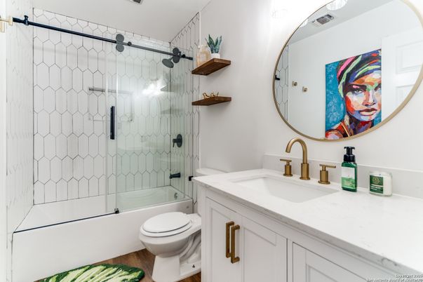 Bathroom, Glass Shower, Interior, Wood Texture Flooring