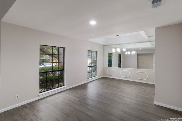 Empty room, Interior, Pendant Lights, Recessed Lighting, Wood Texture Flooring