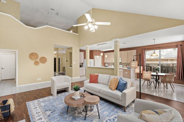 Dining room, Interior, Kitchen, Living room, Pendant Lights, Wood Texture Flooring