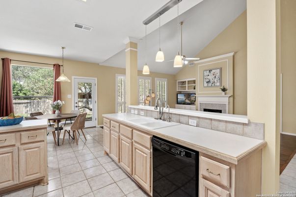 Dining room, Fireplace, Interior, Kitchen, Pendant Lights