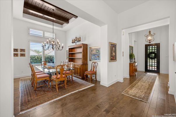 Chandelier, Dining room, Interior, Wooden Beams, Wooden Ceilings, Wood Texture Flooring