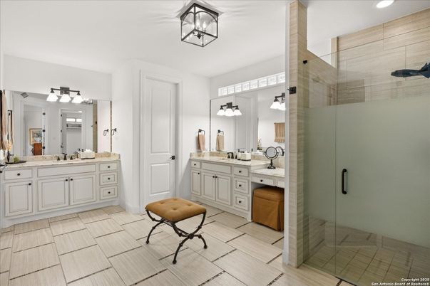 Bathroom, Dual Sink Vanities, Glass Shower, Interior, Recessed Lighting, Tile Countertops