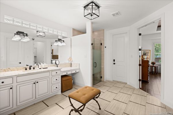 Bathroom, Dual Sink Vanities, Glass Shower, Interior, Wood Texture Flooring