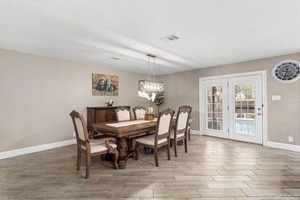 Dining room, Interior, Pendant Lights, Wood Texture Flooring