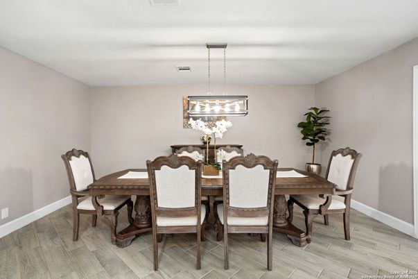 Dining room, Interior, Pendant Lights, Wood Texture Flooring