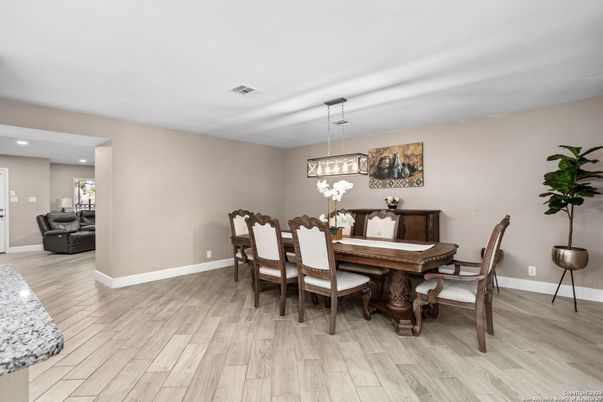 Dining room, Interior, Pendant Lights, Recessed Lighting, Wood Texture Flooring