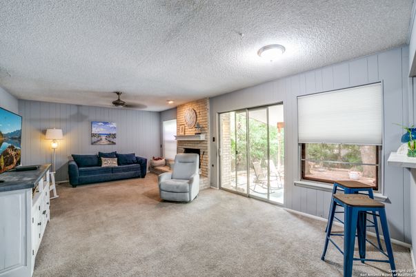Fireplace, Interior, Living room, Recessed Lighting, Stone Walls