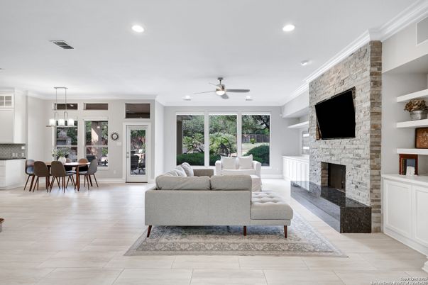 Dining room, Fireplace, Interior, Living room, Pendant Lights, Recessed Lighting, Stone Walls