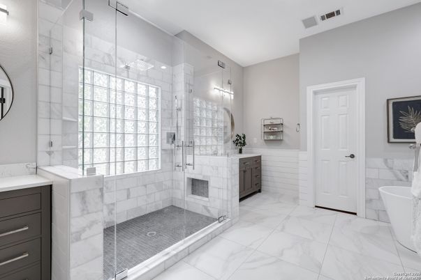 Bathroom, Free Standing Baths, Glass Shower, Interior, Marble, Recessed Lighting