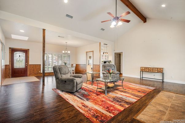 Chandelier, Interior, Living room, Recessed Lighting, Wooden Beams, Wood Texture Flooring