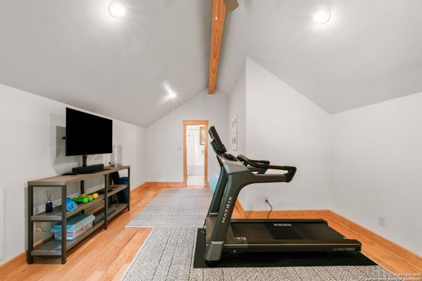 Fitness Equipment, Interior, Recessed Lighting, Wooden Beams, Wood Texture Flooring
