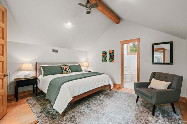 Bathroom, Bedroom, Interior, Recessed Lighting, Wooden Beams, Wood Texture Flooring