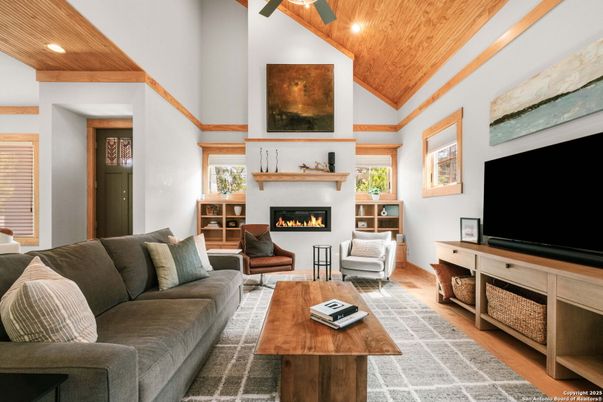 Fireplace, Interior, Living room, Recessed Lighting, Wooden Ceilings, Wood Texture Flooring