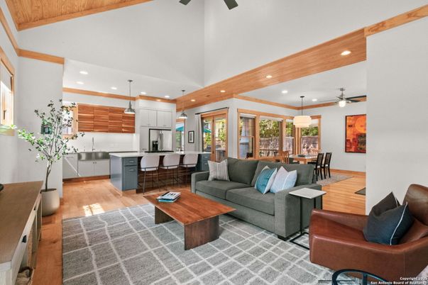 Dining room, Interior, Kitchen, Living room, Pendant Lights, Recessed Lighting, Stainless Steel Appliances, Wood Texture Flooring