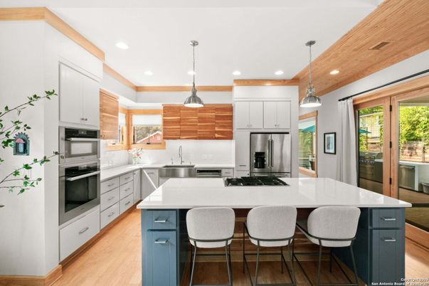 Interior, Kitchen, Pendant Lights, Recessed Lighting, Stainless Steel Appliances, Wooden Ceilings, Wood Texture Flooring